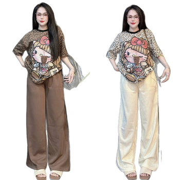 Ženski dvodijelni set: T-shirt top i široke hlače, anime karikatura uzorak, Milk Silk tkanina, poliester 90–95%, ljeto 2025