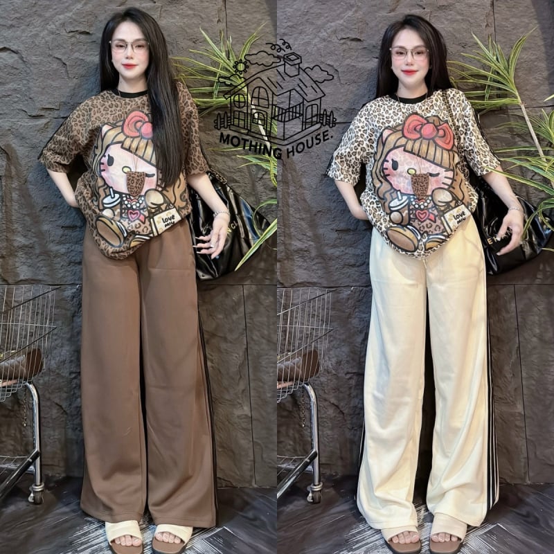 Ženski dvodijelni set: T-shirt top i široke hlače, anime karikatura uzorak, Milk Silk tkanina, poliester 90–95%, ljeto 2025