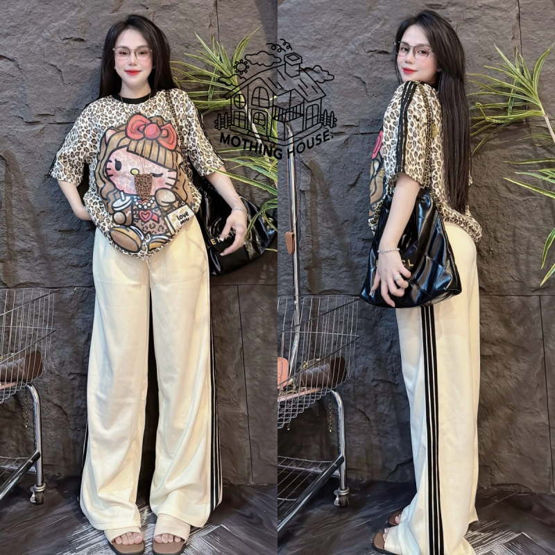 Ženski dvodijelni set: T-shirt top i široke hlače, anime karikatura uzorak, Milk Silk tkanina, poliester 90–95%, ljeto 2025