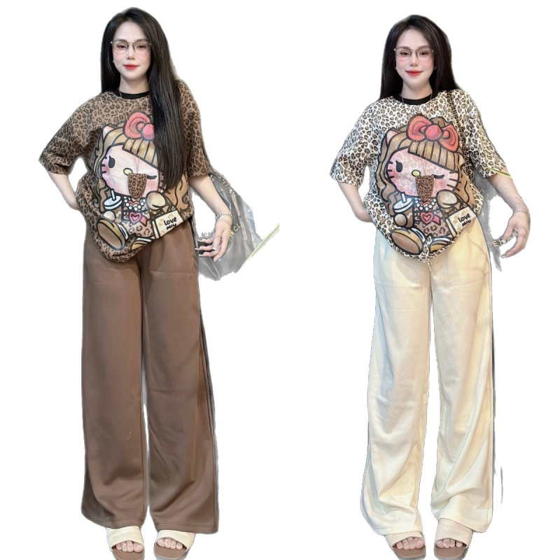 Ženski dvodijelni set: T-shirt top i široke hlače, anime karikatura uzorak, Milk Silk tkanina, poliester 90–95%, ljeto 2025