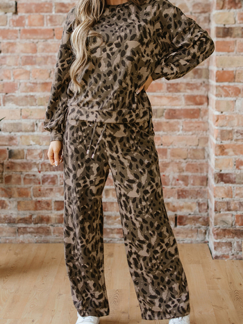 Ženski dvodijelni set s leopard printom, top s dugim rukavima i pantalone, jesen-zima 2025, materijal poliester/spandeks