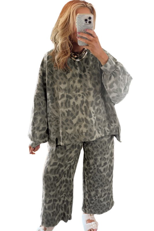 Ženski dvodijelni set s leopard printom, top s dugim rukavima i pantalone, jesen-zima 2025, materijal poliester/spandeks