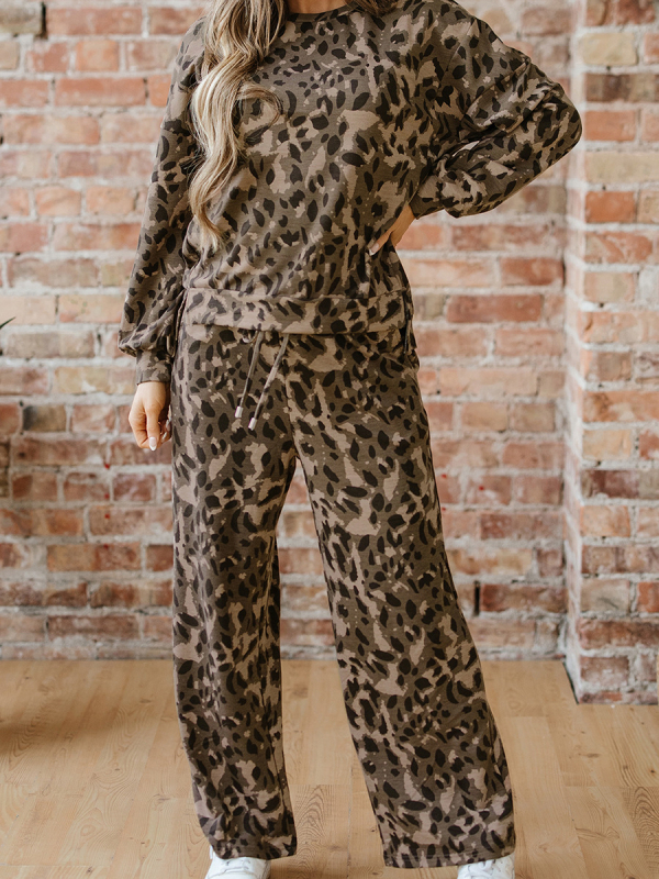 Ženski dvodijelni set s leopard printom, top s dugim rukavima i pantalone, jesen-zima 2025, materijal poliester/spandeks