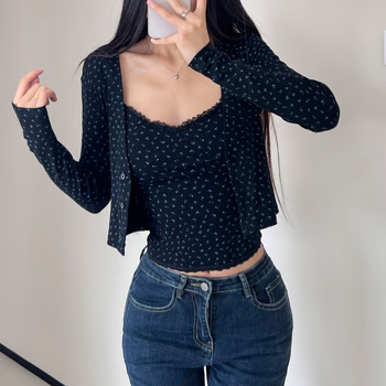 Ženski dvodijelni set: vrh s čipkom i prugama te kardigan s dugim rukavima, pamuk, jesen 2025, casual japansko-korejski stil