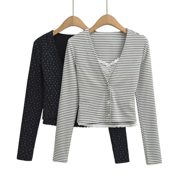 Ženski dvodijelni set: vrh s čipkom i prugama te kardigan s dugim rukavima, pamuk, jesen 2025, casual japansko-korejski stil