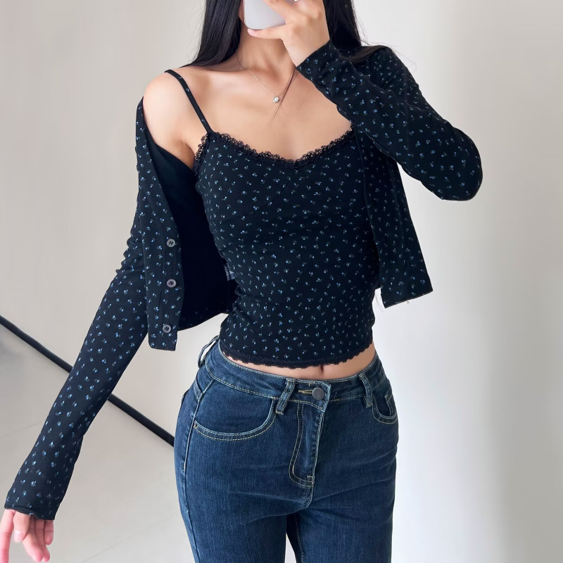 Ženski dvodijelni set: vrh s čipkom i prugama te kardigan s dugim rukavima, pamuk, jesen 2025, casual japansko-korejski stil