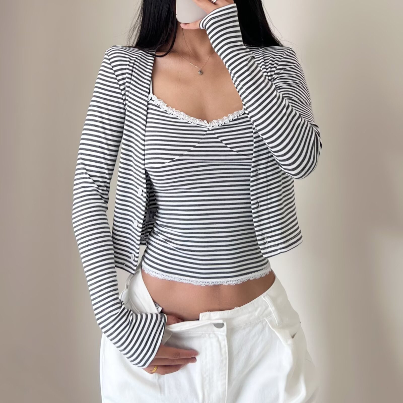 Ženski dvodijelni set: vrh s čipkom i prugama te kardigan s dugim rukavima, pamuk, jesen 2025, casual japansko-korejski stil
