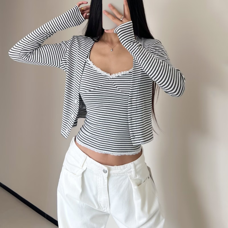 Ženski dvodijelni set: vrh s čipkom i prugama te kardigan s dugim rukavima, pamuk, jesen 2025, casual japansko-korejski stil