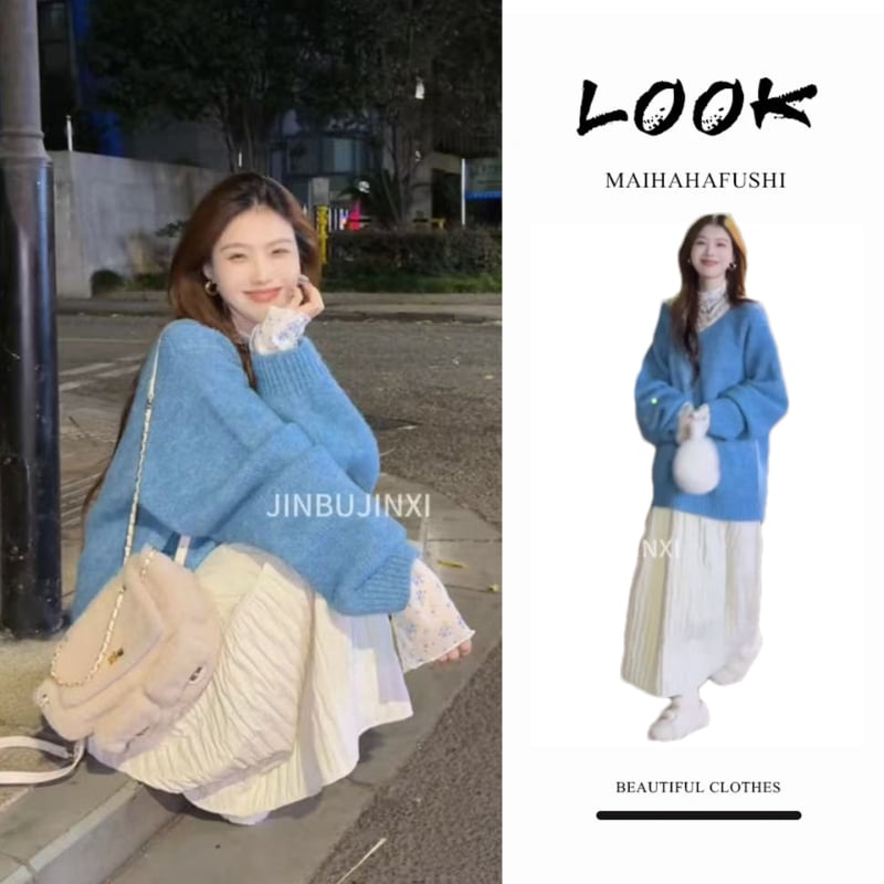 Korejskog stila ženski outfit set za jesen-zimu – majica s visokim ovratnikom, udoban džemper i suknja srednje duljine (polieoster, dugi rukavi, kostim sa suknjom)