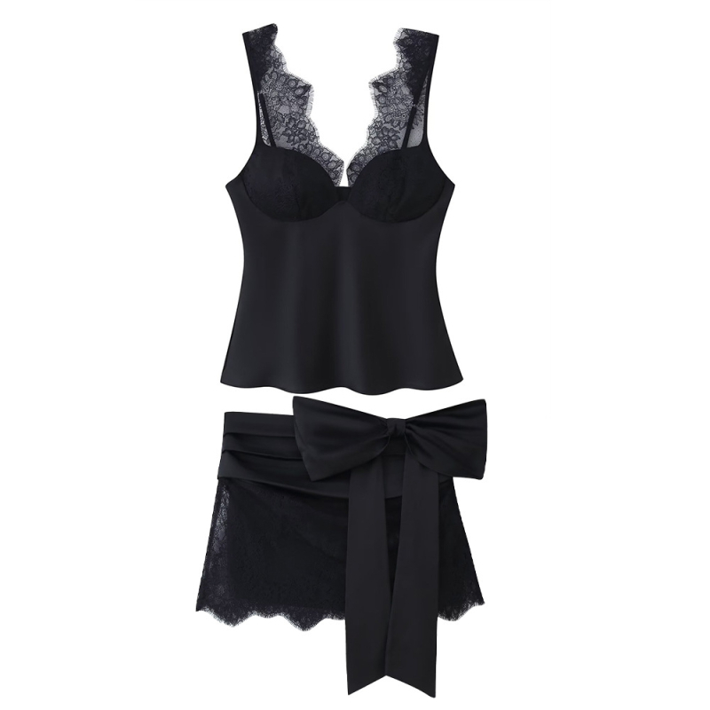 Set Top Camisole și fustă, culoare uni, poliester, textură dantelă-satin, fără mâneci, 95%+ poliester, stil casual japonez-coreean, toamnă 2025