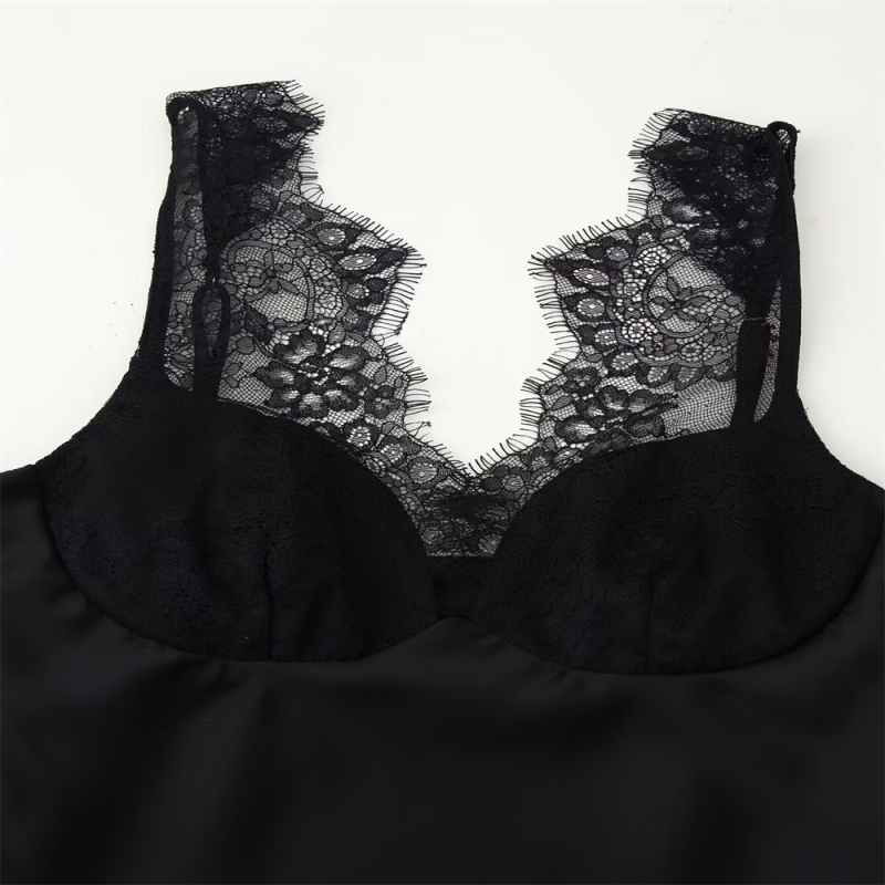 Set Top Camisole și fustă, culoare uni, poliester, textură dantelă-satin, fără mâneci, 95%+ poliester, stil casual japonez-coreean, toamnă 2025