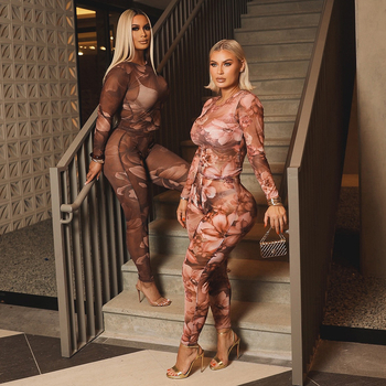 Set feminin: Top cu imprimeu floral și pantaloni, guler rotund, mâneci lungi, țesătură Korea Net, 95% poliester + spandex, stil stradal, toamnă 2025