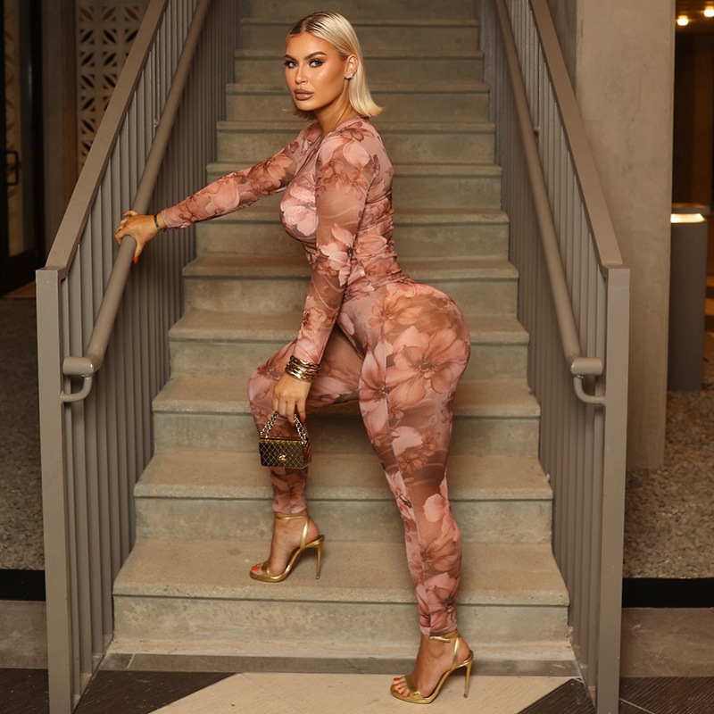 Set feminin: Top cu imprimeu floral și pantaloni, guler rotund, mâneci lungi, țesătură Korea Net, 95% poliester + spandex, stil stradal, toamnă 2025