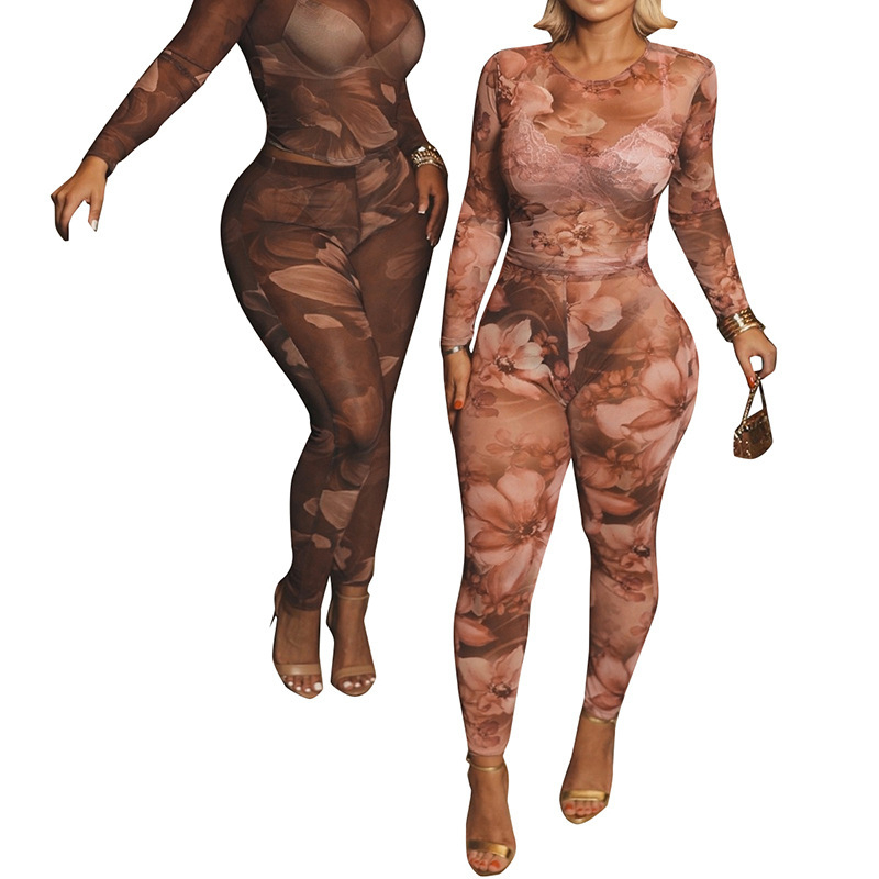 Set feminin: Top cu imprimeu floral și pantaloni, guler rotund, mâneci lungi, țesătură Korea Net, 95% poliester + spandex, stil stradal, toamnă 2025