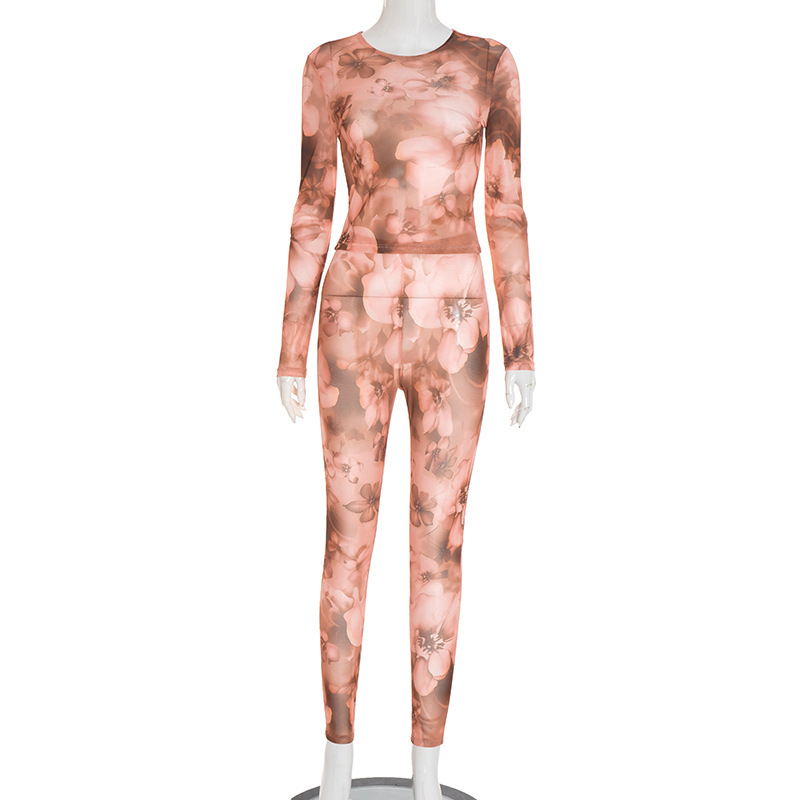 Set feminin: Top cu imprimeu floral și pantaloni, guler rotund, mâneci lungi, țesătură Korea Net, 95% poliester + spandex, stil stradal, toamnă 2025