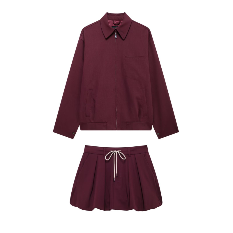 Set jakna s patentnim zatvaračem i lantern mini suknja, poliester, kratka suknja, ljeto 2024, gradski stil