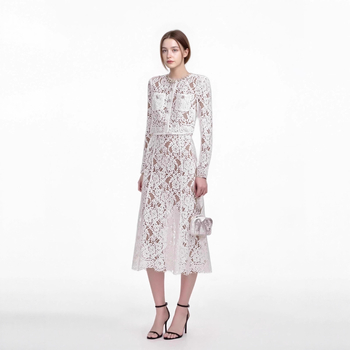 Set din dantelă pentru femei: Bluza cu guler rotund și mâneci lungi, decor cu perle + fustă midi (vara 2025)