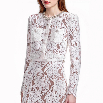 Set din dantelă pentru femei: Bluza cu guler rotund și mâneci lungi, decor cu perle + fustă midi (vara 2025)