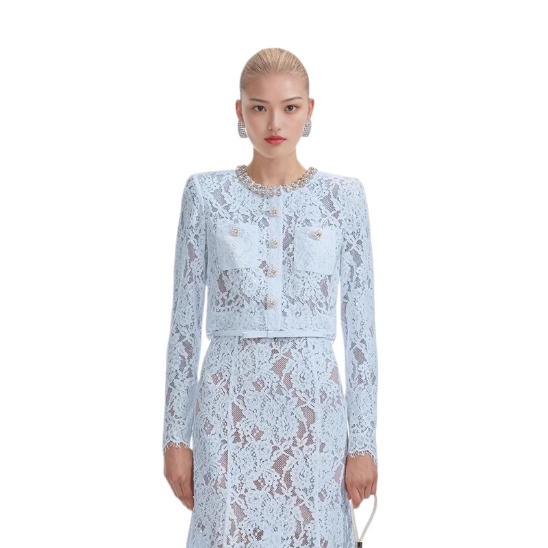 Set din dantelă pentru femei: Bluza cu guler rotund și mâneci lungi, decor cu perle + fustă midi (vara 2025)