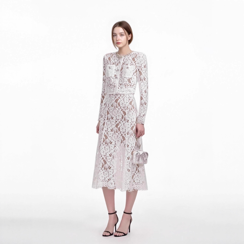 Set din dantelă pentru femei: Bluza cu guler rotund și mâneci lungi, decor cu perle + fustă midi (vara 2025)