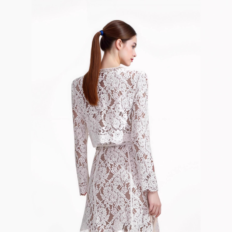 Set din dantelă pentru femei: Bluza cu guler rotund și mâneci lungi, decor cu perle + fustă midi (vara 2025)