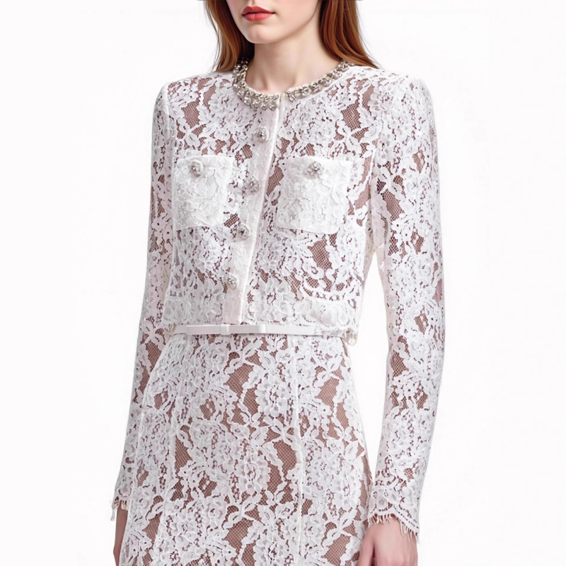 Set din dantelă pentru femei: Bluza cu guler rotund și mâneci lungi, decor cu perle + fustă midi (vara 2025)