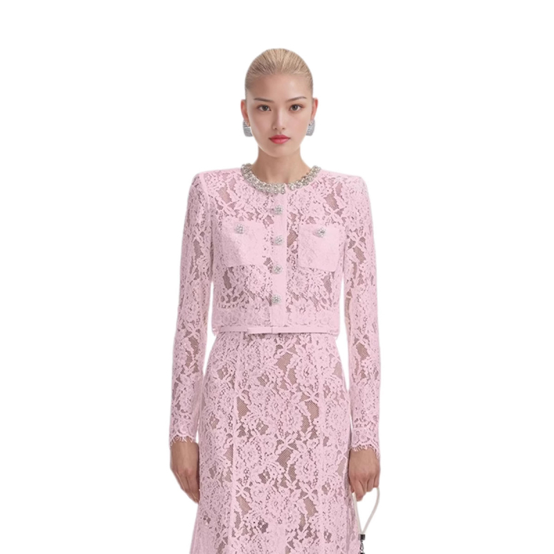 Set din dantelă pentru femei: Bluza cu guler rotund și mâneci lungi, decor cu perle + fustă midi (vara 2025)