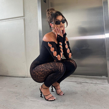 Комбинезон с леопардов принт, с едно рамо и висока талия, тесен силует, дълги ръкави, къси крачоли, нейлон/спандекс, безшевен дизайн, 160 g