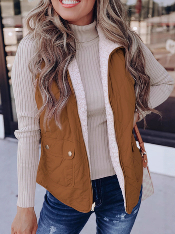 Vest pentru femei, stil cardigan casual, închidere cu fermoar, țesătură poliester, lungime 50–65 cm