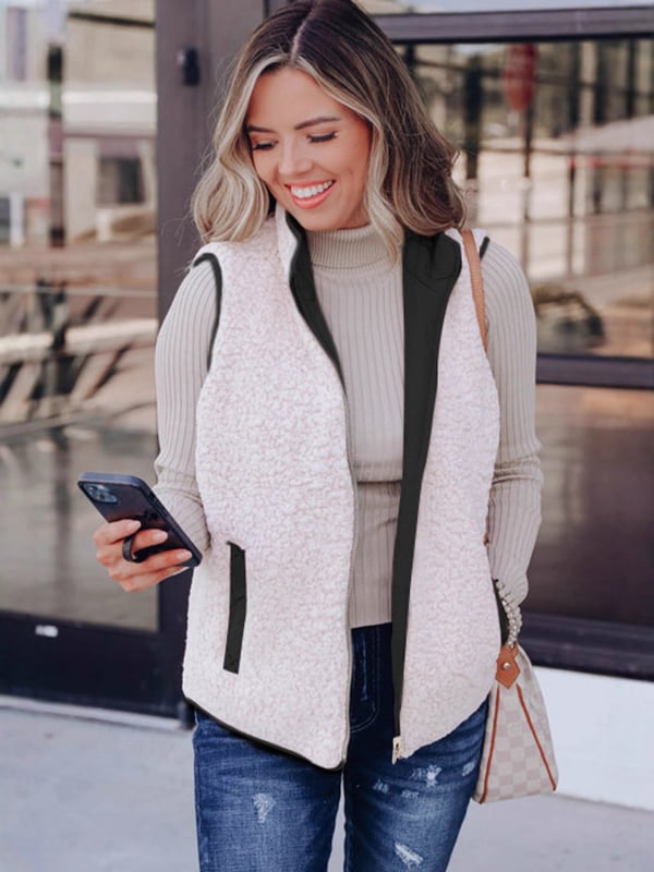 Vest pentru femei, stil cardigan casual, închidere cu fermoar, țesătură poliester, lungime 50–65 cm