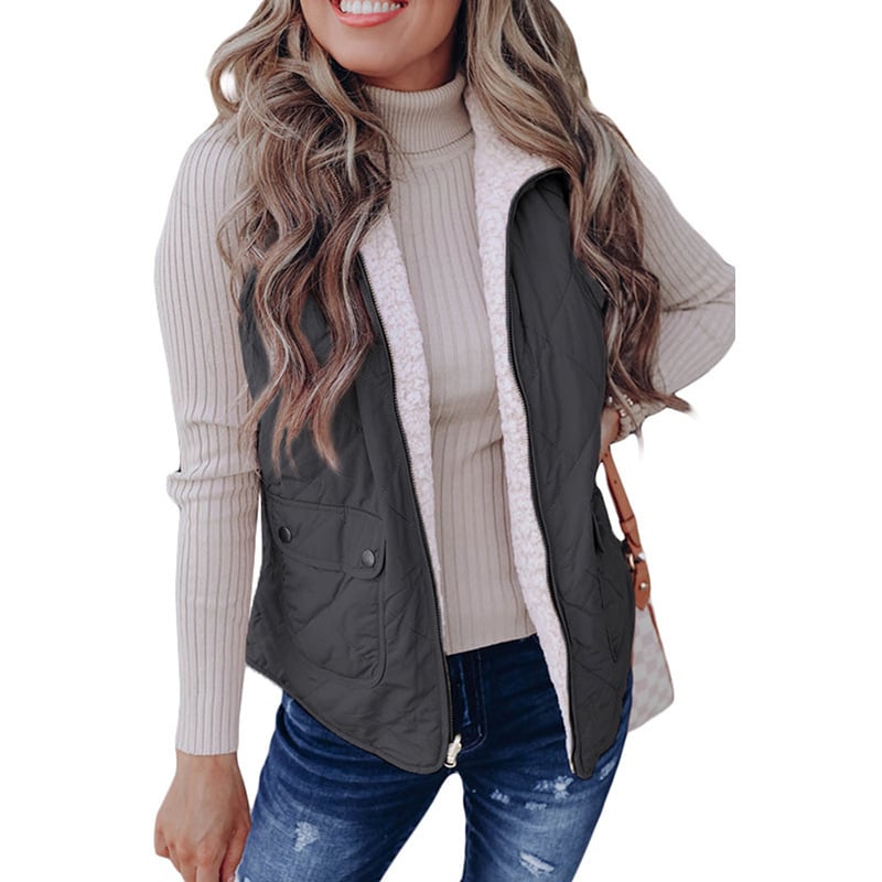 Vest pentru femei, stil cardigan casual, închidere cu fermoar, țesătură poliester, lungime 50–65 cm