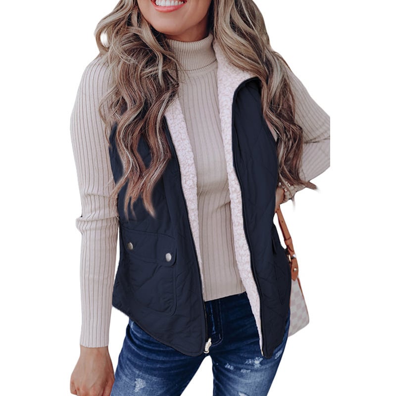 Vest pentru femei, stil cardigan casual, închidere cu fermoar, țesătură poliester, lungime 50–65 cm