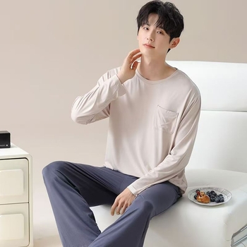 Férfi pamut pizsama szett - vékony nyári anyag, felső galléros, hosszú ujjú és nadrág, letisztult, hétköznapi stílus, otthonra és szabadtéri viselésre