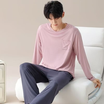 Férfi pamut pizsama szett - vékony nyári anyag, felső galléros, hosszú ujjú és nadrág, letisztult, hétköznapi stílus, otthonra és szabadtéri viselésre