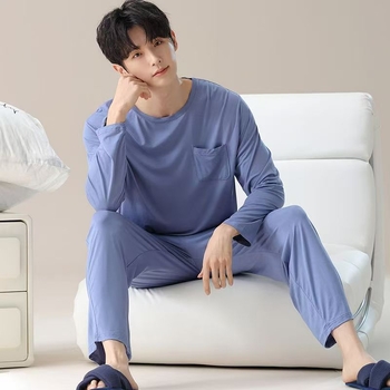 Férfi pamut pizsama szett - vékony nyári anyag, felső galléros, hosszú ujjú és nadrág, letisztult, hétköznapi stílus, otthonra és szabadtéri viselésre