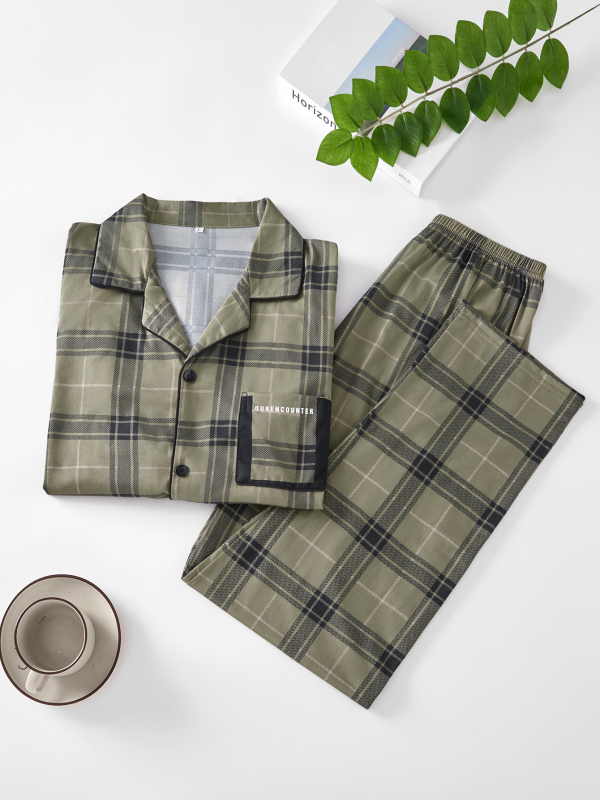 Férfi pamut pizsama szett - vékony nyári anyag, felső galléros, hosszú ujjú és nadrág, letisztult, hétköznapi stílus, otthonra és szabadtéri viselésre