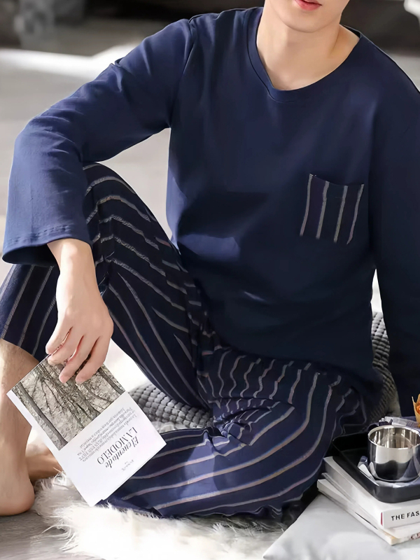 Férfi pamut pizsama szett - vékony nyári anyag, felső galléros, hosszú ujjú és nadrág, letisztult, hétköznapi stílus, otthonra és szabadtéri viselésre