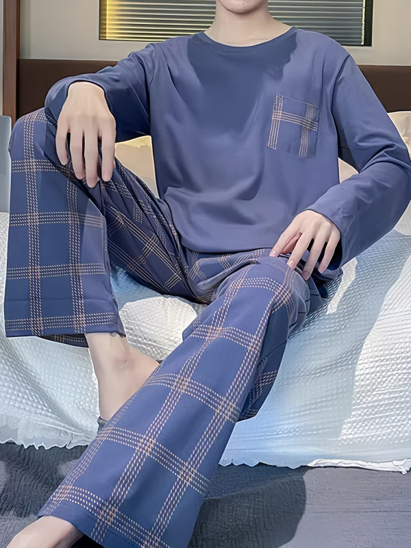 Férfi pamut pizsama szett - vékony nyári anyag, felső galléros, hosszú ujjú és nadrág, letisztult, hétköznapi stílus, otthonra és szabadtéri viselésre