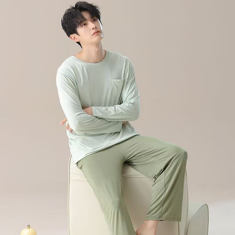 Férfi pamut pizsama szett - vékony nyári anyag, felső galléros, hosszú ujjú és nadrág, letisztult, hétköznapi stílus, otthonra és szabadtéri viselésre