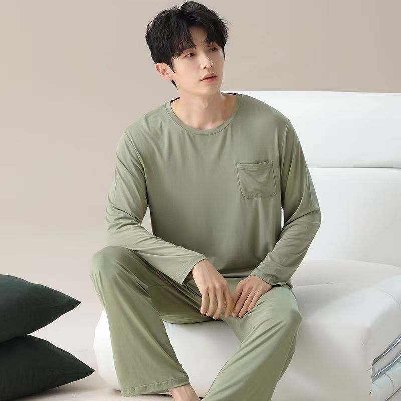 Férfi pamut pizsama szett - vékony nyári anyag, felső galléros, hosszú ujjú és nadrág, letisztult, hétköznapi stílus, otthonra és szabadtéri viselésre