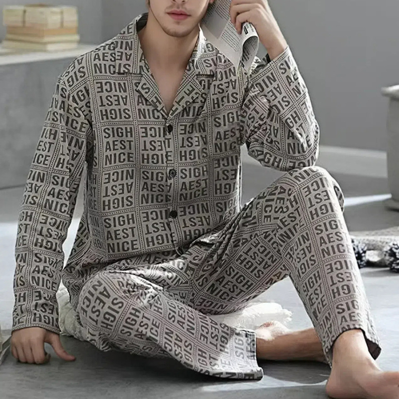Férfi pamut pizsama szett - vékony nyári anyag, felső galléros, hosszú ujjú és nadrág, letisztult, hétköznapi stílus, otthonra és szabadtéri viselésre