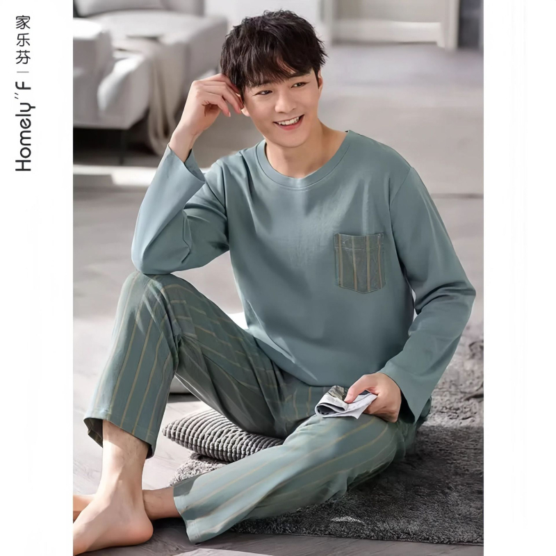 Férfi pamut pizsama szett - vékony nyári anyag, felső galléros, hosszú ujjú és nadrág, letisztult, hétköznapi stílus, otthonra és szabadtéri viselésre