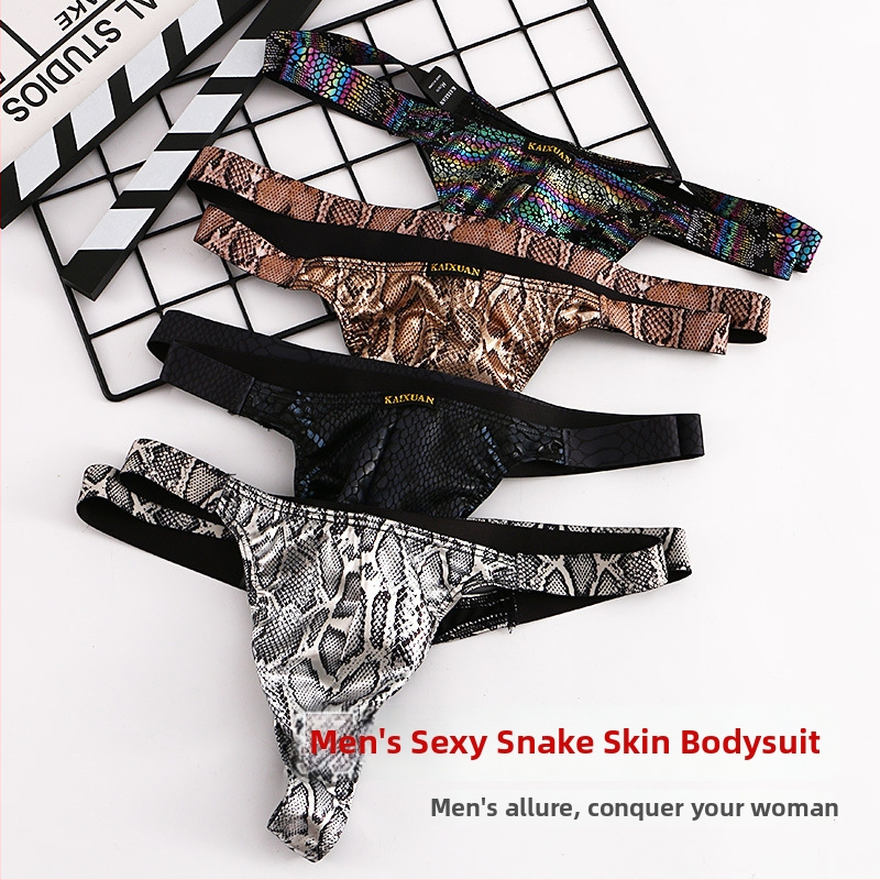 Pánske thong z polyestera s hadím vzorom, nízky pás, jednovrstvé spodné prádlo s veľkou kapsou (90–95% polyester)