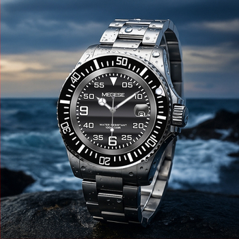MEGESE mechanikus merülőóra világító kijelzővel, naptárral és átlátszó ablakkal, 30 m vízállóság, korrozsmentes acél tok és szíj, Hangzhou mozgás