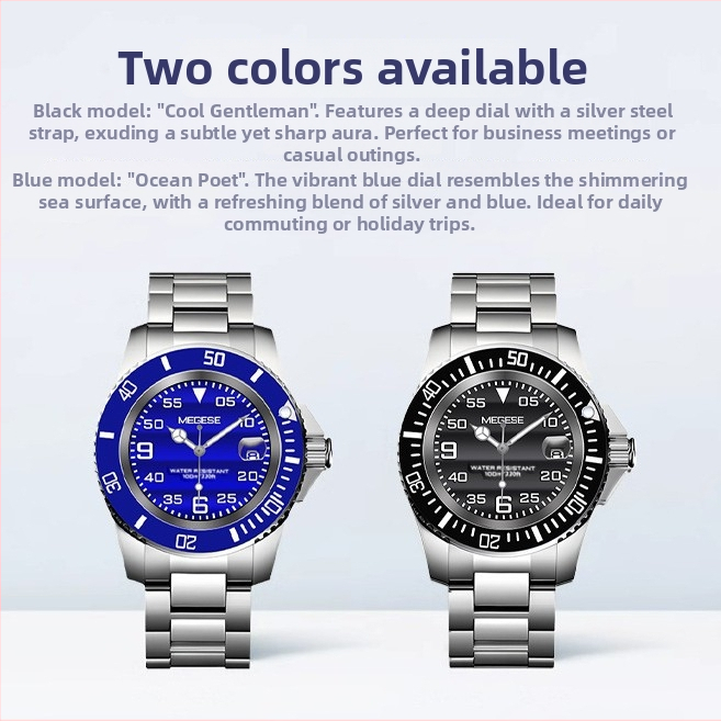 MEGESE mechanikus merülőóra világító kijelzővel, naptárral és átlátszó ablakkal, 30 m vízállóság, korrozsmentes acél tok és szíj, Hangzhou mozgás