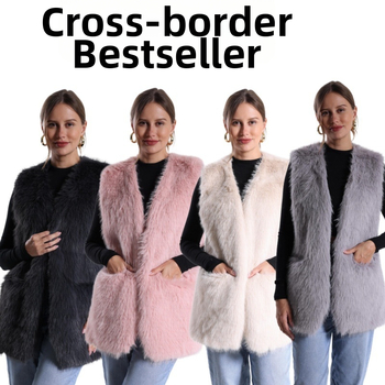 Vesta din blană sintetică cu decolteu în V, poliester, croi lejer, lungime medie (Material: Poliester; Material principal: Blană sintetică; Decolteu: în V; Croi: lejer; Lungime: medie)