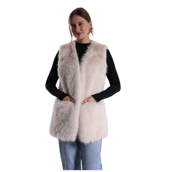 Vesta din blană sintetică cu decolteu în V, poliester, croi lejer, lungime medie (Material: Poliester; Material principal: Blană sintetică; Decolteu: în V; Croi: lejer; Lungime: medie)