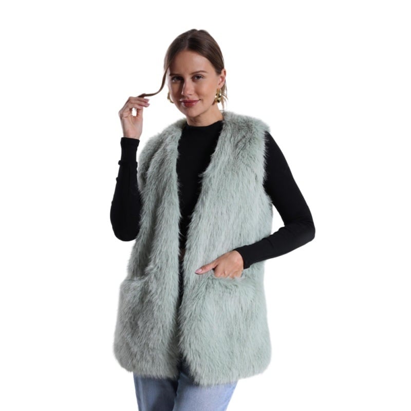 Vesta din blană sintetică cu decolteu în V, poliester, croi lejer, lungime medie (Material: Poliester; Material principal: Blană sintetică; Decolteu: în V; Croi: lejer; Lungime: medie)