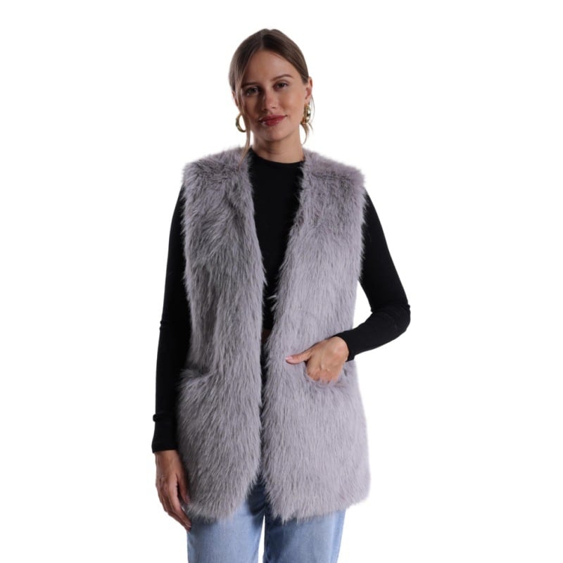 Vesta din blană sintetică cu decolteu în V, poliester, croi lejer, lungime medie (Material: Poliester; Material principal: Blană sintetică; Decolteu: în V; Croi: lejer; Lungime: medie)