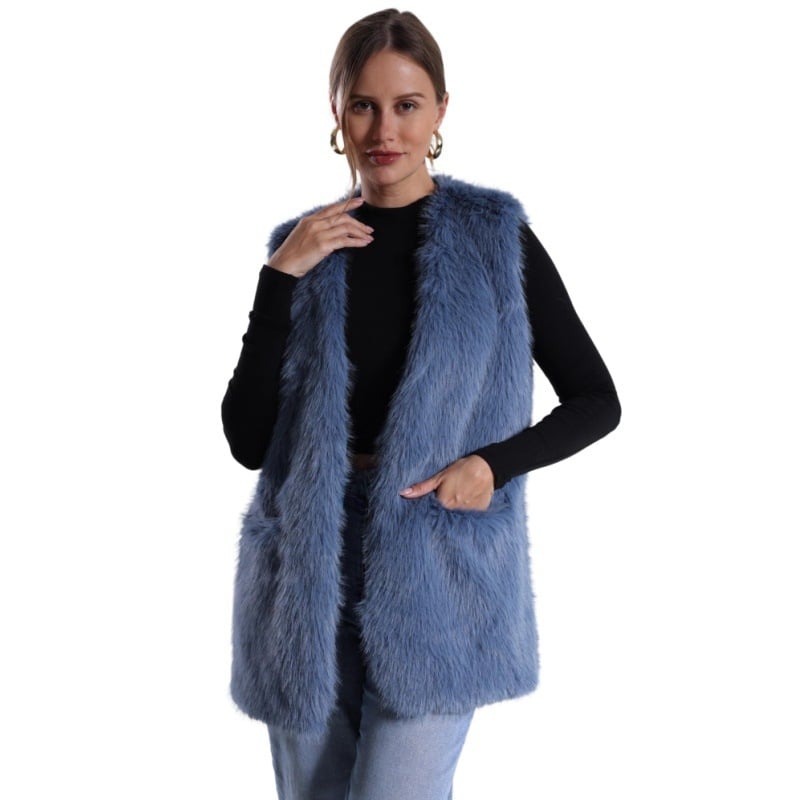 Vesta din blană sintetică cu decolteu în V, poliester, croi lejer, lungime medie (Material: Poliester; Material principal: Blană sintetică; Decolteu: în V; Croi: lejer; Lungime: medie)